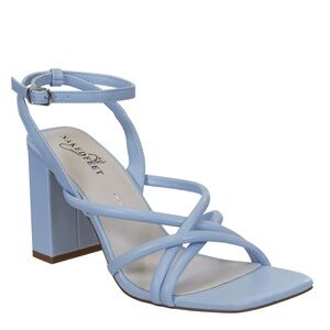 new naked feet light blue strappy block heels